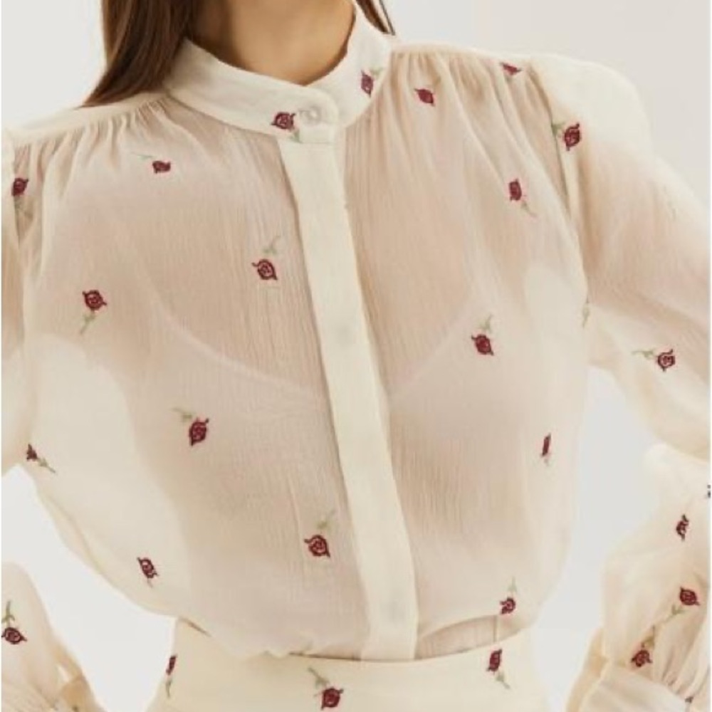 Chic Sheer Blouse with Red Floral Accents and skirt